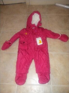 BNWT Pink Infant Snowsuit with Hood Mittens and Booties